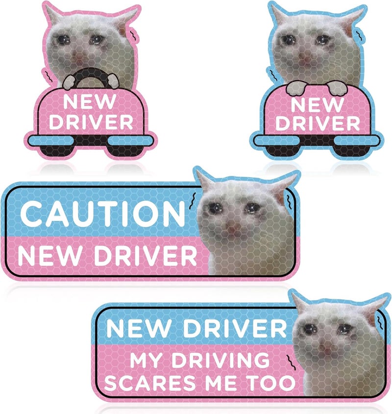 CNhoqc New Driver Car Magnet Reflective Student Driver Sign for Car Bumper Cartoon New Driver Reusable Magnet Sticker for Bumper Safety Sign (4Pcs Crying Cat) - Image 1